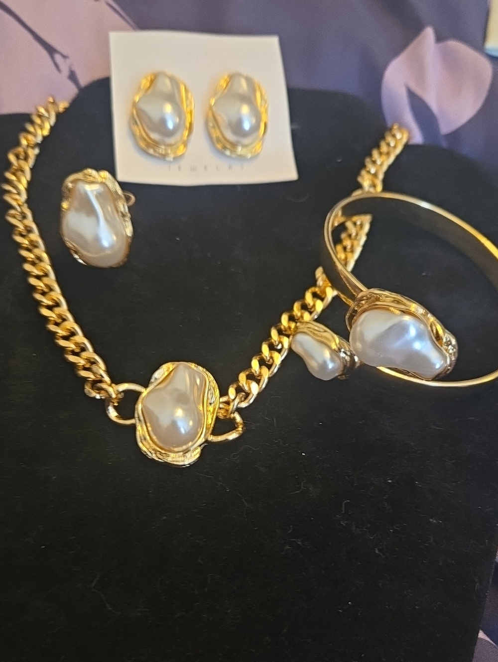 Gold-Tone Pearl Statement Necklace, Bracelet & Earring Set